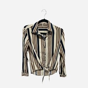 Esqualo Brown Striped Button Up Blouse Tie Front Size Women's 4